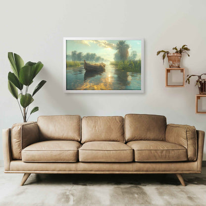 Tranquil River Scene with a Small Boat Gliding Through Lush Greenery and Palm Trees, Reflecting Calm Waters Under Bright Sunlight   Serene Natural Scenery Framed Art Print Decor