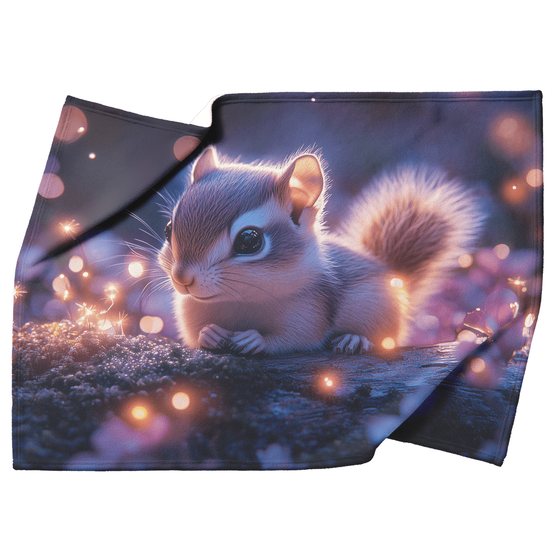 Baby Chipmunk Resting on Glowing Log Surrounded by Shimmering Moss and Bioluminescent Fireflies Fleece Sherpa Blanket - Awakening Righteousness
