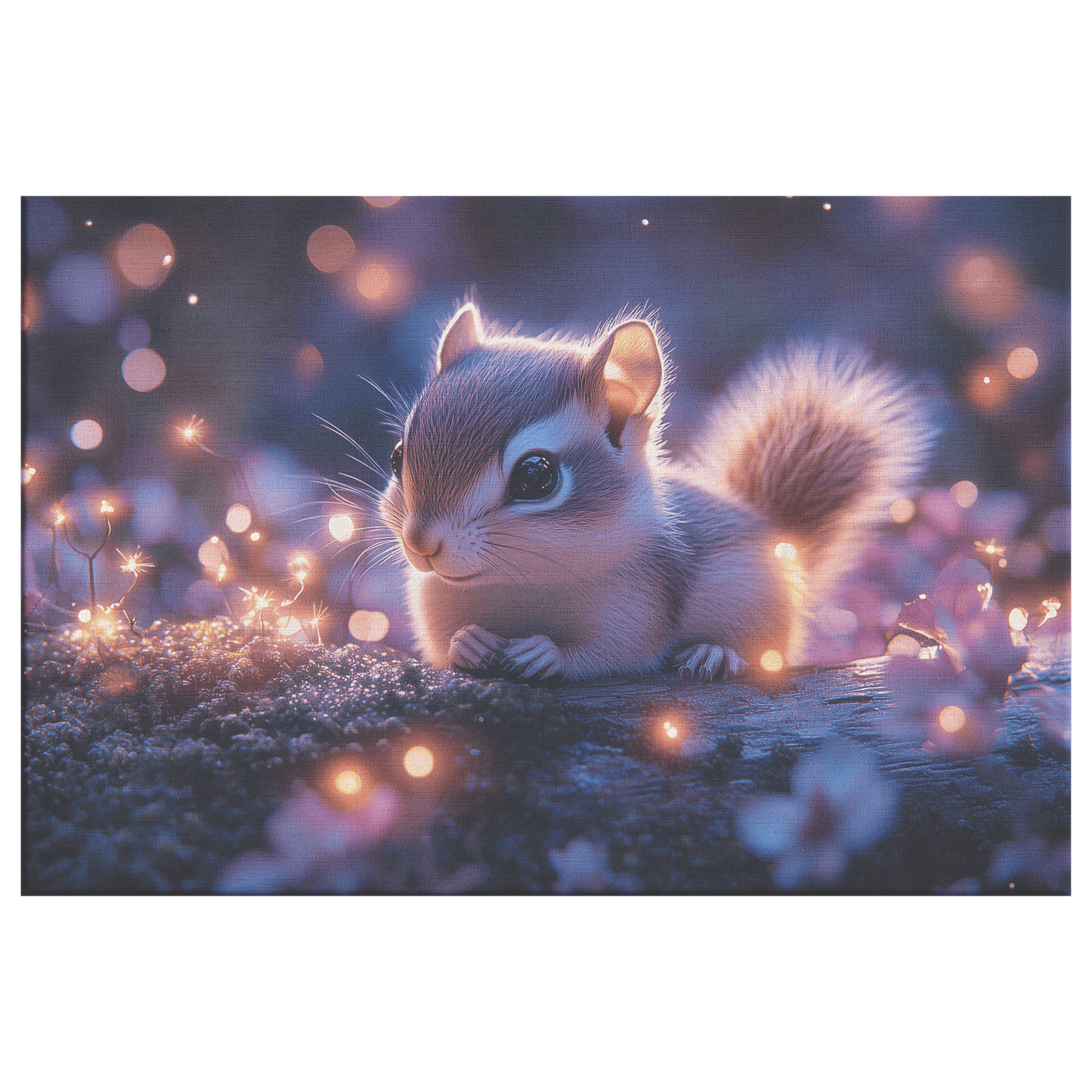 Baby Chipmunk Resting On Glowing Log With Shimmering Moss And Bioluminescent Fireflies Canvas Wall Art Decor - Awakening Righteousness