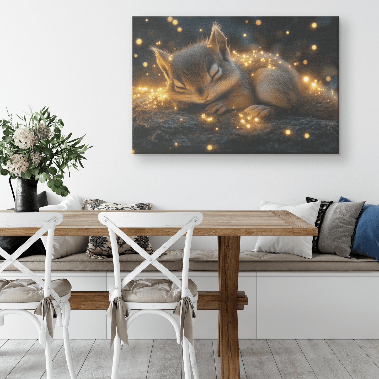 Baby Chipmunk Resting On Glowing Log With Shimmering Moss And Bioluminescent Fireflies Canvas Wall Art Decor - Awakening Righteousness