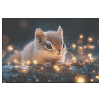 Baby Chipmunk Resting On Glowing Log With Shimmering Moss And Bioluminescent Fireflies Canvas Wall Art Decor - Awakening Righteousness