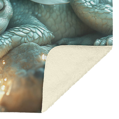 Baby Dragon Resting on Glowing Crystal with Shimmering Light and Mist in Magical Cave Fleece Sherpa Blanket - Awakening Righteousness
