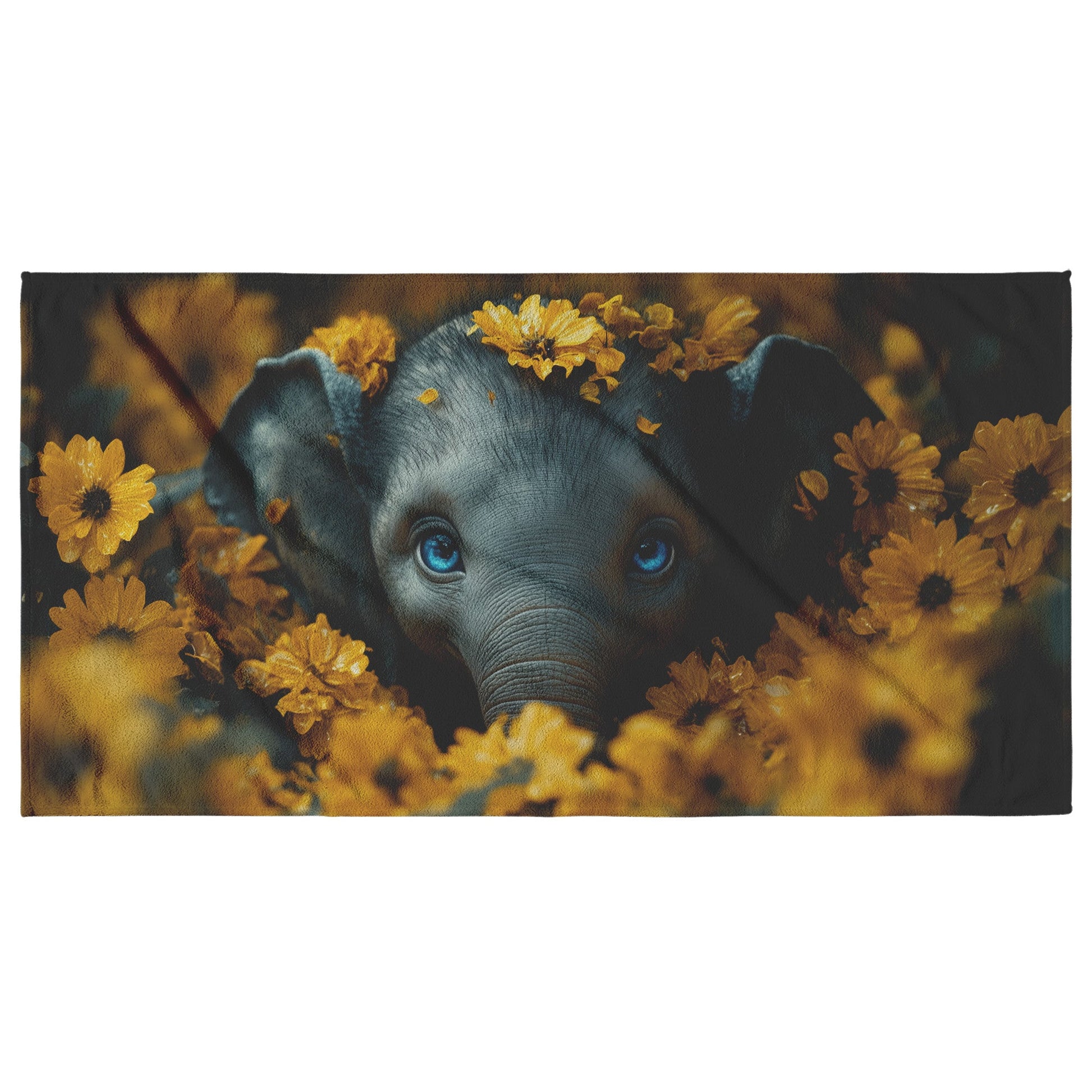 Baby Elephant Beach Towel With Bright Yellow Flowers and Captivating Blue Eyes for Nature Lovers Unique Design - Awakening Righteousness