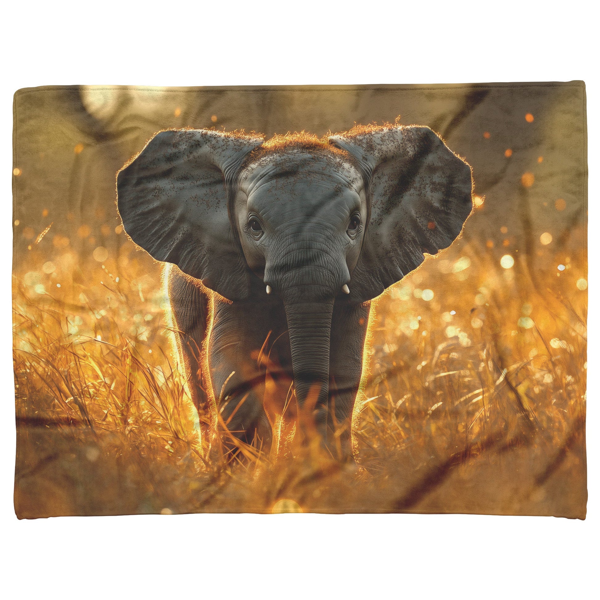 Baby Elephant Walking Through Tall Golden Grass Surrounded by Soft Sunlight Hyper Detailed Natural Scenery Blanket - Awakening Righteousness