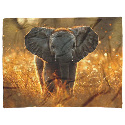 Baby Elephant Walking Through Tall Golden Grass Surrounded by Soft Sunlight Hyper Detailed Natural Scenery Blanket - Awakening Righteousness