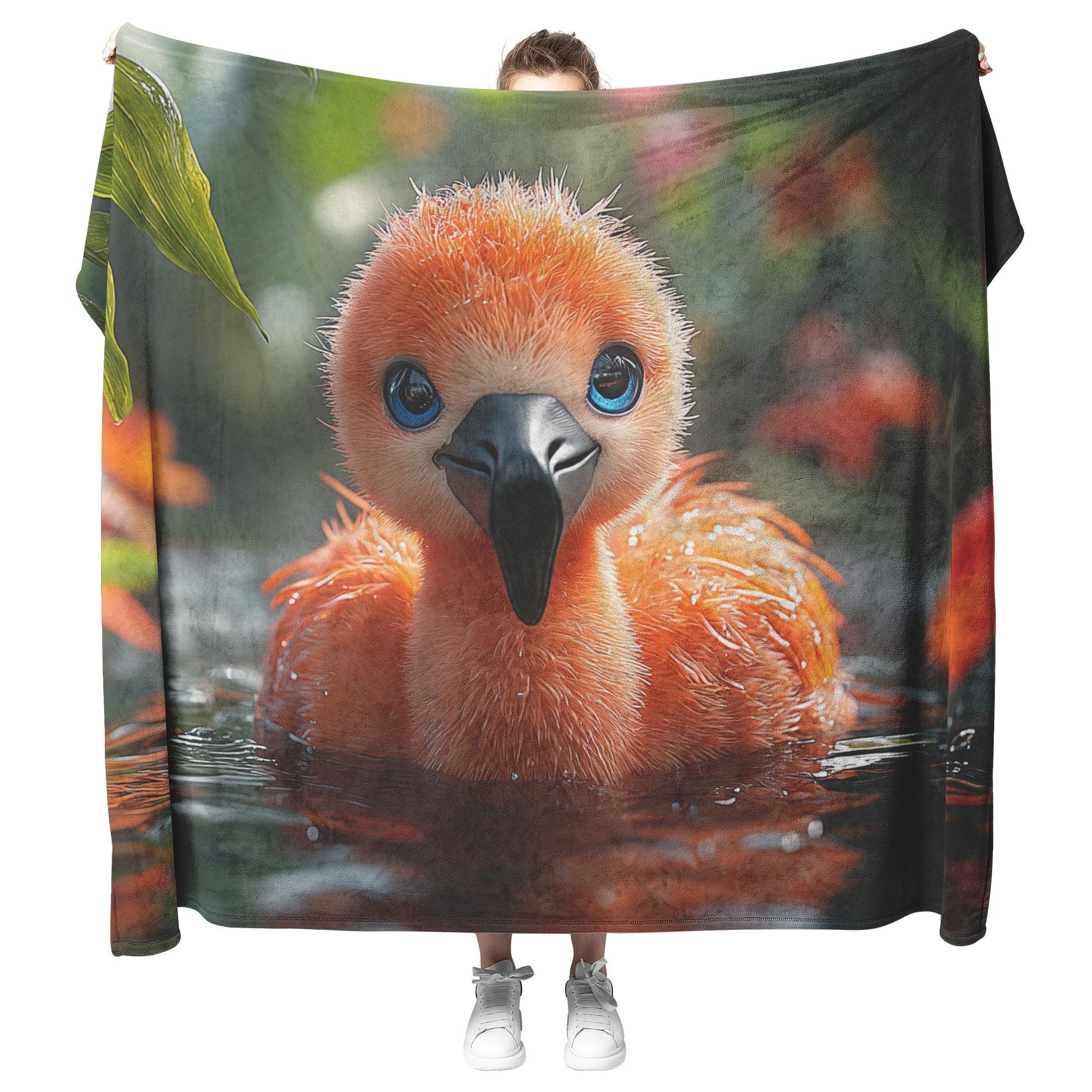 Baby Flamingo with Blue Eyes in Tropical Water Cozy Fleece Sherpa Blanket - Awakening Righteousness