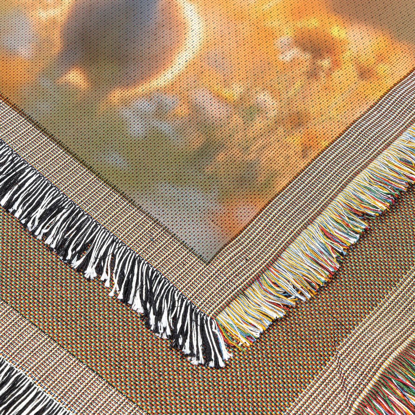 Baby Peacock with Mother in Vibrant Wildflower Meadow Under Golden Sunrise Woven Throw Blanket - Awakening Righteousness