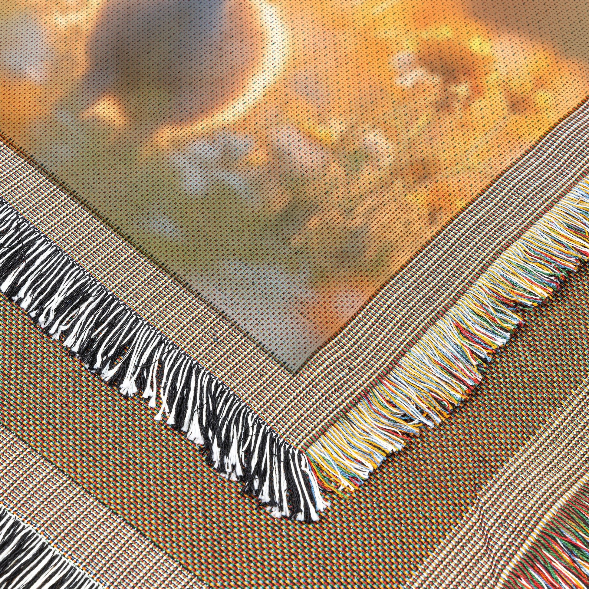 Baby Peacock with Mother in Vibrant Wildflower Meadow Under Golden Sunrise Woven Throw Blanket - Awakening Righteousness