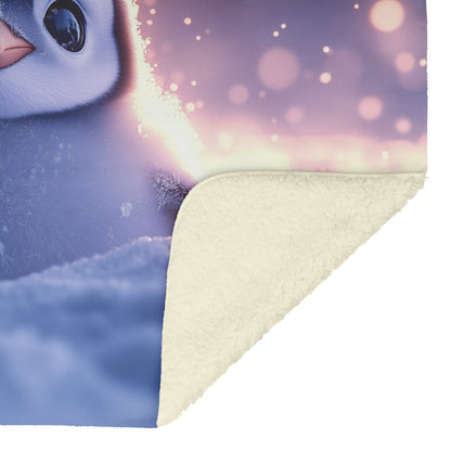 Baby Penguin Nestled in Snow Under Glowing Aurora Borealis Fleece Sherpa Blanket Magical Winter Atmosphere - Awakening Righteousness