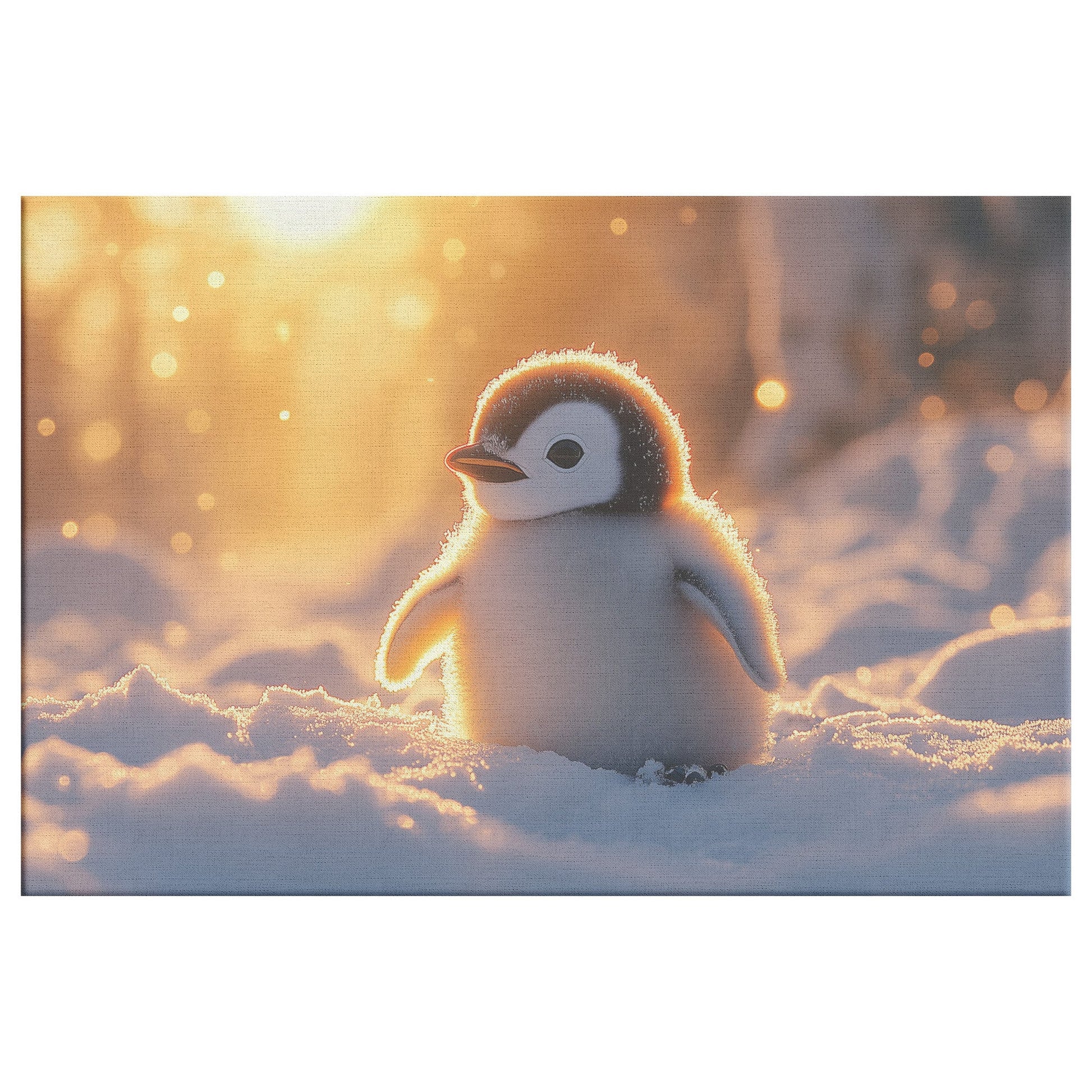 Baby Penguin with Glowing Feathers Under Golden Sunlight Peaceful Snowy Environment Canvas Wall Art Decor - Awakening Righteousness