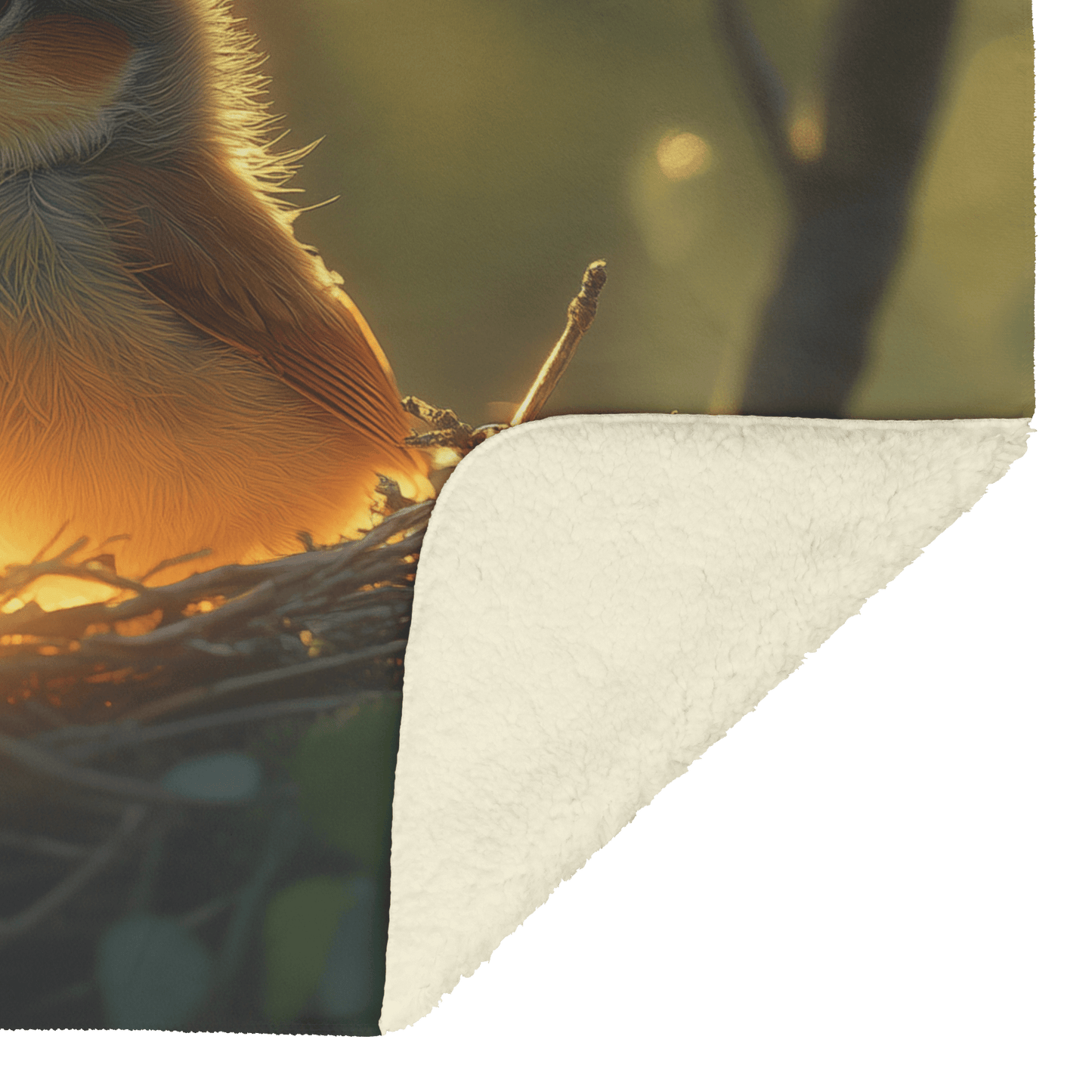 Baby Robin Sitting in Glowing Nest Surrounded by Soft Mist and Golden Morning Light Filtering Through Trees Fleece Sherpa Blanket - Awakening Righteousness