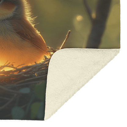 Baby Robin Sitting in Glowing Nest Surrounded by Soft Mist and Golden Morning Light Filtering Through Trees Fleece Sherpa Blanket - Awakening Righteousness