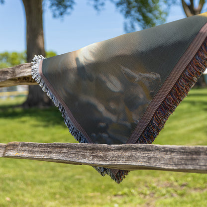Baby Snow Fox with Blue Eyes in Forest Woven Throw Blanket - Awakening Righteousness