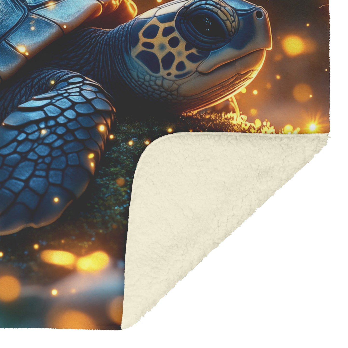Baby Turtle Resting on Glowing Mossy Stone with Fireflies and Golden Forest Light Fleece Sherpa Blanket - Awakening Righteousness