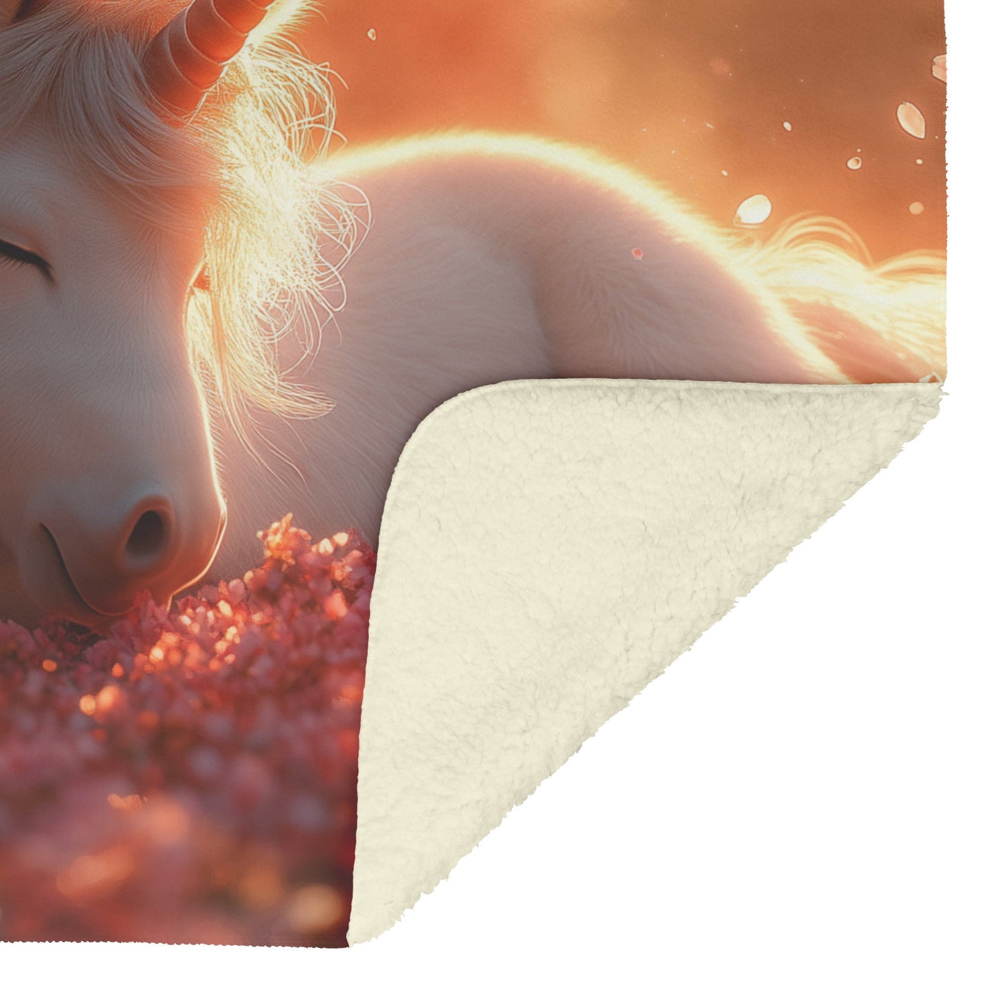 Baby Unicorn Under Glowing Cherry Blossom Tree with Pink Petals and Golden Sunlight Fleece Sherpa Blanket - Awakening Righteousness