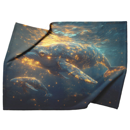 Baby Whale Swimming with Mother in Glowing Blue Ocean Magical Light Trails Golden Reflections Fleece Sherpa Blanket - Awakening Righteousness