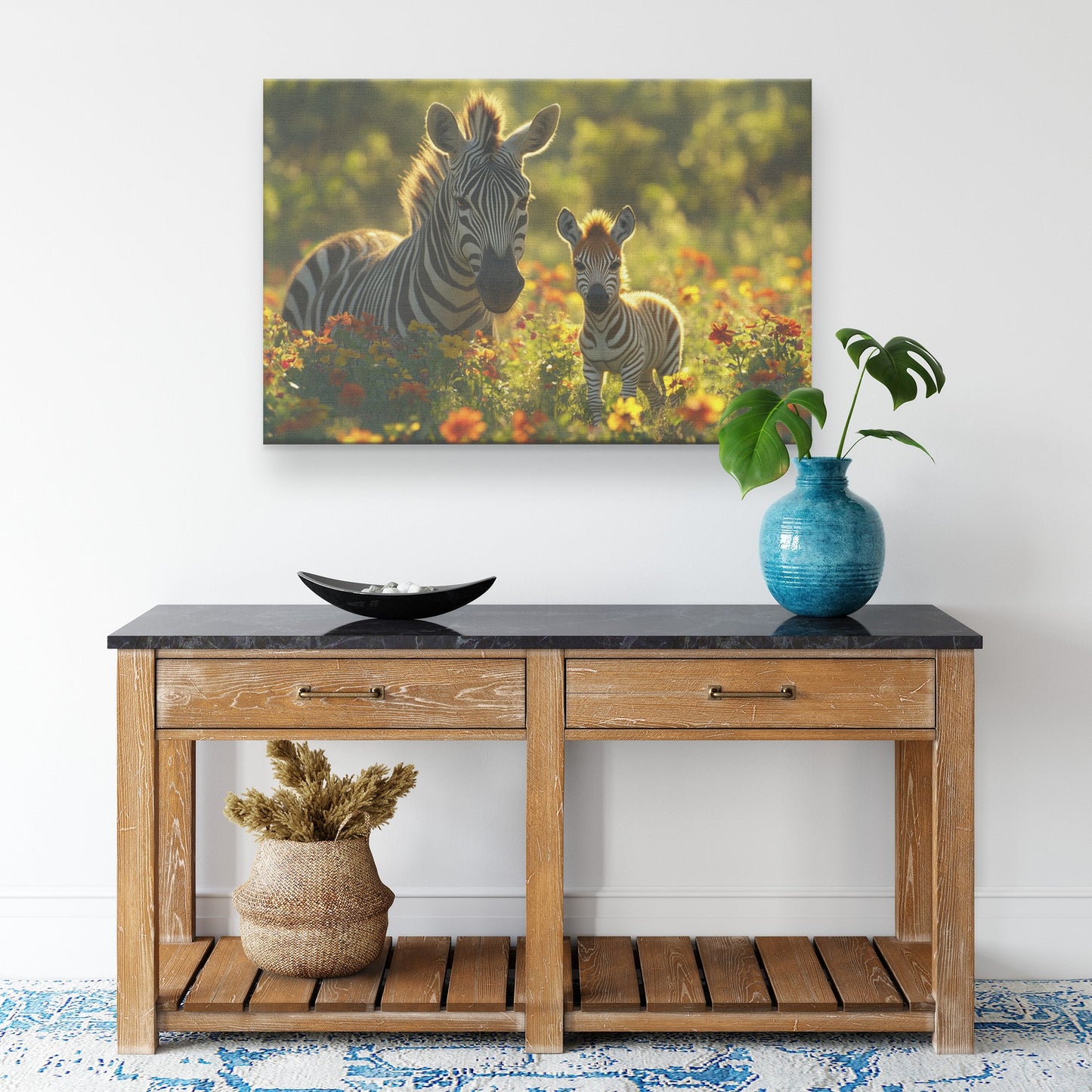 Baby Zebra Standing Close to Mother in Lush Green Field Surrounded by Blooming Flowers and Soft Sunlight Canvas Wall Art Decor - Awakening Righteousness