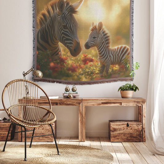 Baby Zebra with Mother in Lush Green Field Surrounded by Blooming Flowers and Soft Sunlight Woven Throw Blanket - Awakening Righteousness
