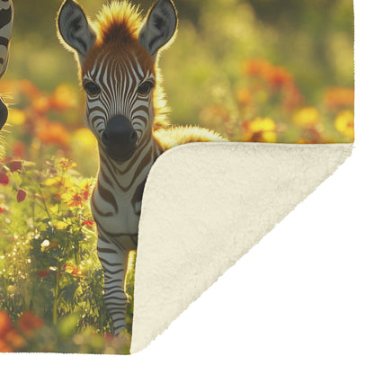 Baby Zebra with Mother Sherpa Fleece Blanket Lush Green Field Blooming Flowers Soft Sunlight Serene Wildlife Scene - Awakening Righteousness