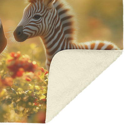 Baby Zebra with Mother Sherpa Fleece Blanket Lush Green Field Blooming Flowers Soft Sunlight Serene Wildlife Scene - Awakening Righteousness