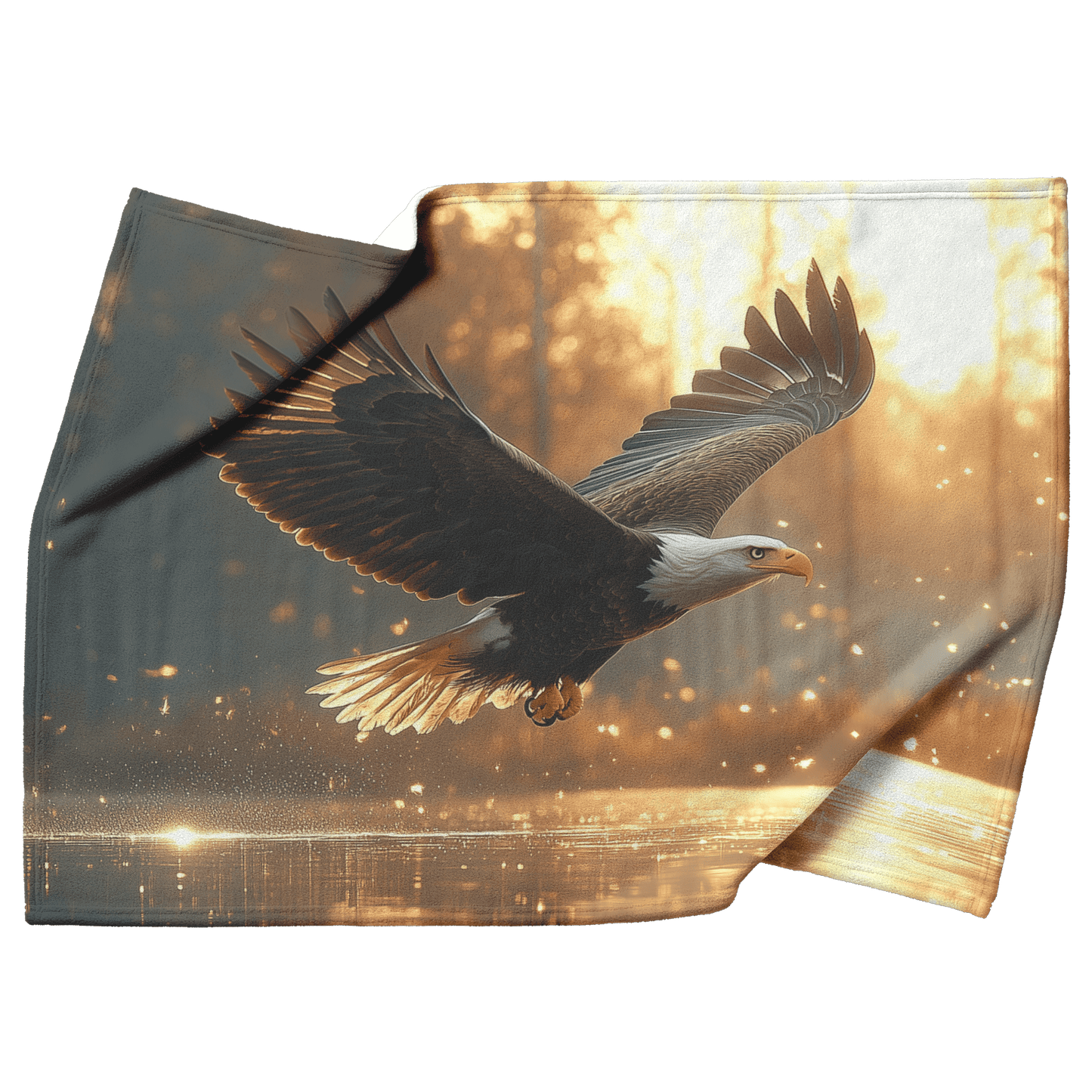Bald Eagle Hunting Over Glowing Crystal Clear Lake Surrounded by Dense Mist and Twilight Light Fleece Sherpa Blanket - Awakening Righteousness