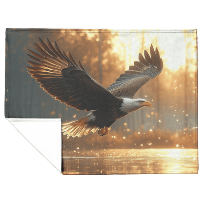 Bald Eagle Hunting Over Glowing Crystal Clear Lake Surrounded by Dense Mist and Twilight Light Fleece Sherpa Blanket - Awakening Righteousness
