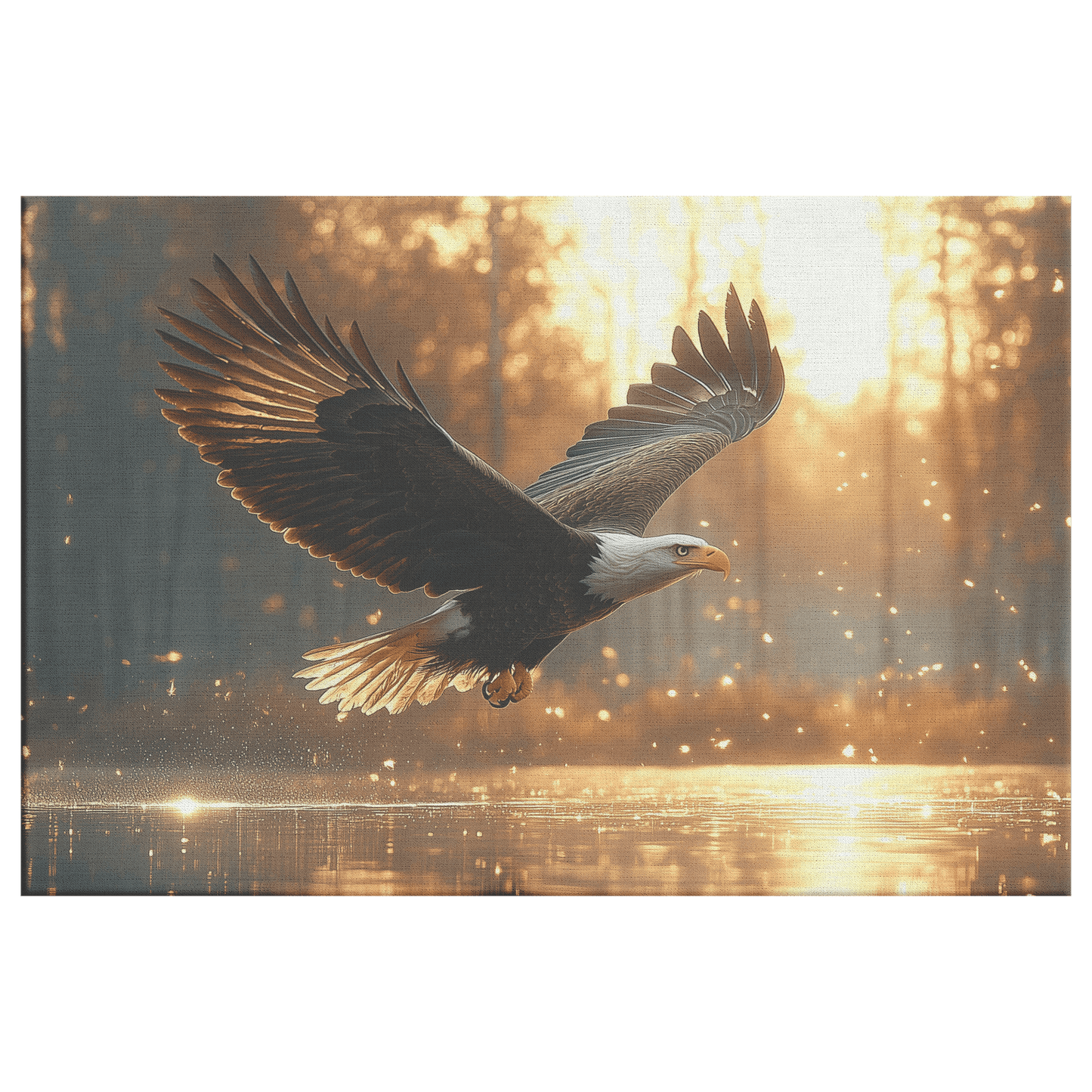 Bald Eagle Hunting Over Glowing Crystal Lake With Dense Mist And Twilight Light Canvas Wall Art Decor - Awakening Righteousness