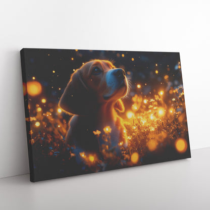 Basset Hound Sitting in Magical Glowing Forest Canvas Wall Art Decor Surrounded by Fireflies and Ethereal Light - Awakening Righteousness
