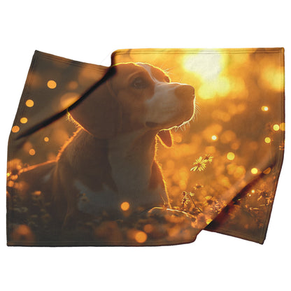 Basset Hound Sitting in Magical Glowing Forest Surrounded by Fireflies and Soft Ethereal Light Fleece Blanket - Awakening Righteousness