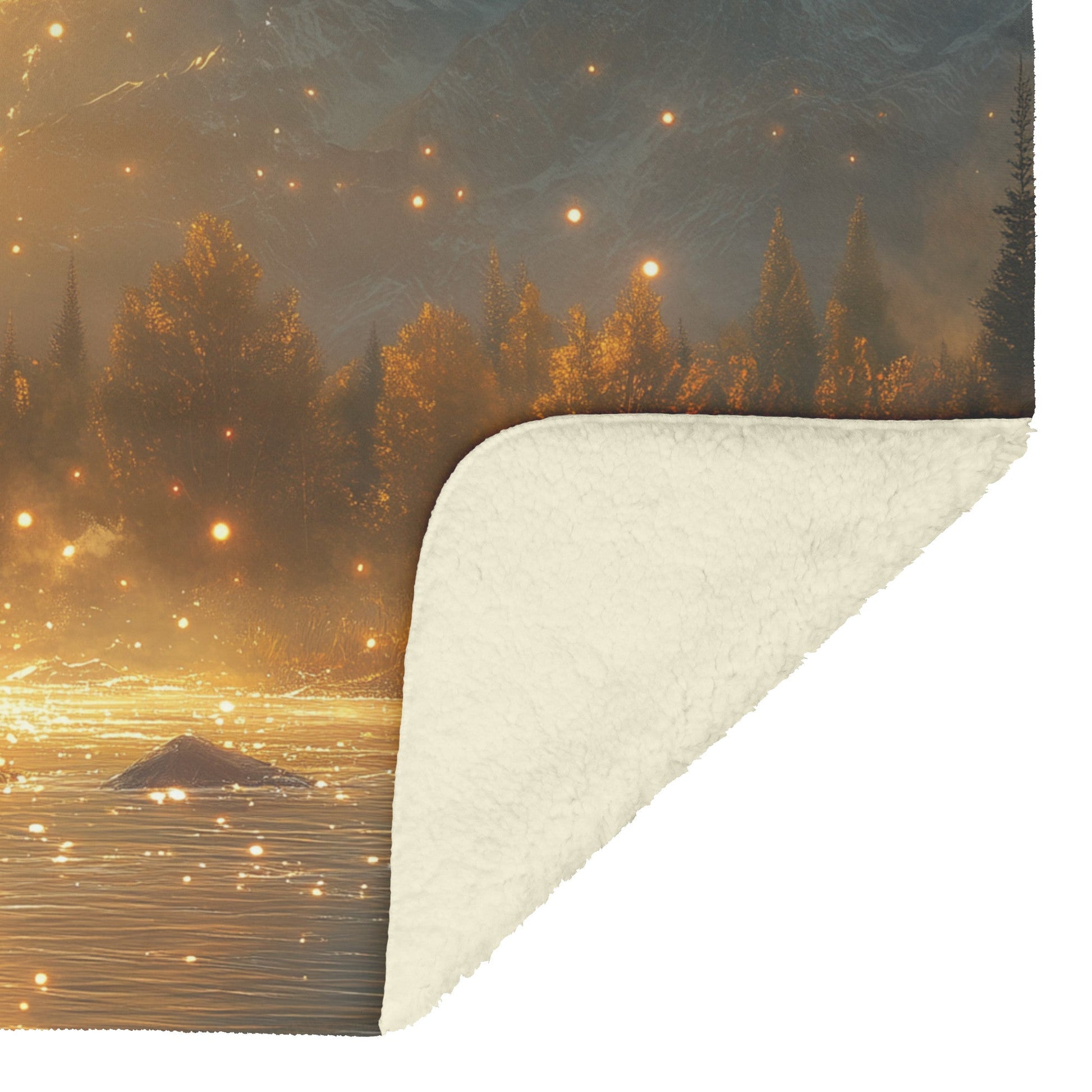 Bear Fishing in Glowing River with Sparkling Water Droplets and Majestic Mountains Fleece Sherpa Blanket - Awakening Righteousness