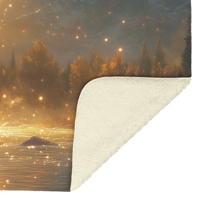 Bear Fishing in Glowing River with Sparkling Water Droplets and Majestic Mountains Fleece Sherpa Blanket - Awakening Righteousness