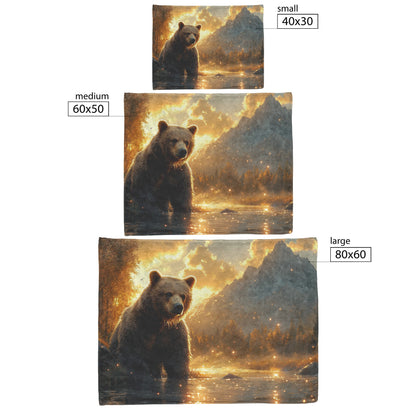 Bear Fishing in Glowing River with Sparkling Water Droplets and Majestic Mountains Fleece Sherpa Blanket - Awakening Righteousness