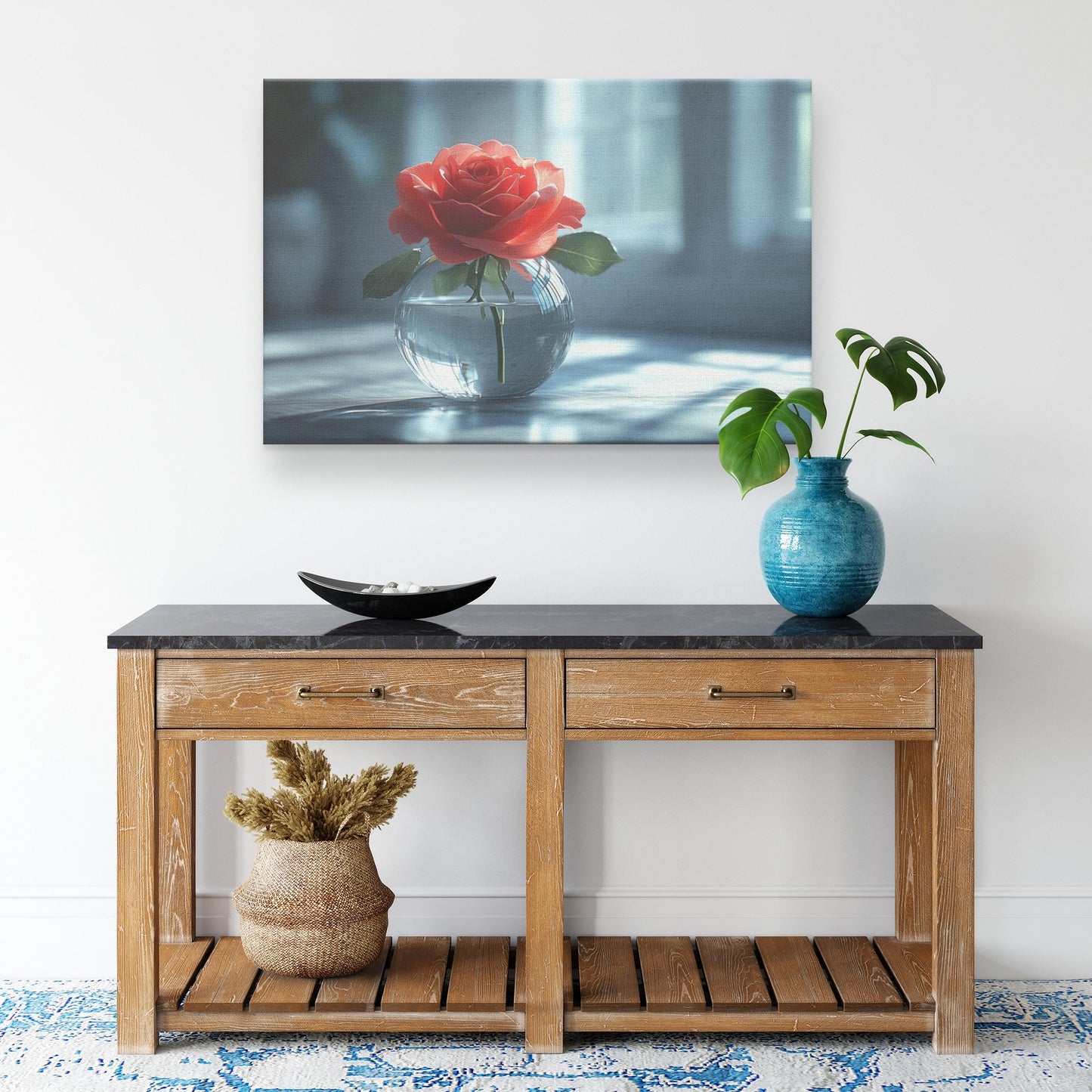 Beautiful Red Rose in Elegant Glass Vase with Sunlight Canvas Wall Art Decor - Awakening Righteousness