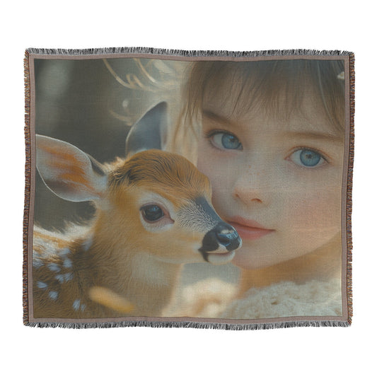 Beautiful Young Girl Holding Baby Deer Woven Throw Blanket - Awakening Righteousness
