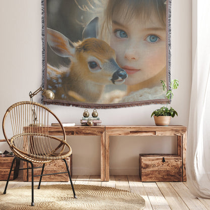 Beautiful Young Girl Holding Baby Deer Woven Throw Blanket - Awakening Righteousness