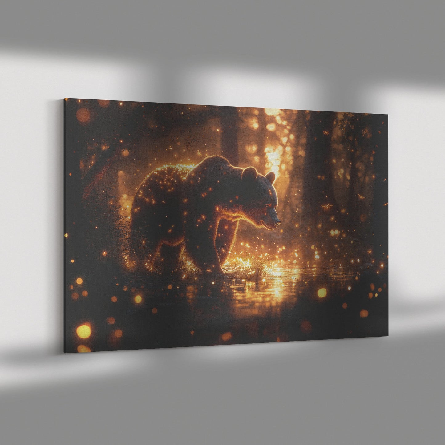 Black Bear in Glowing Bioluminescent Forest at Twilight Shimmering Plants Fireflies Canvas Wall Art Decor For Home - Awakening Righteousness
