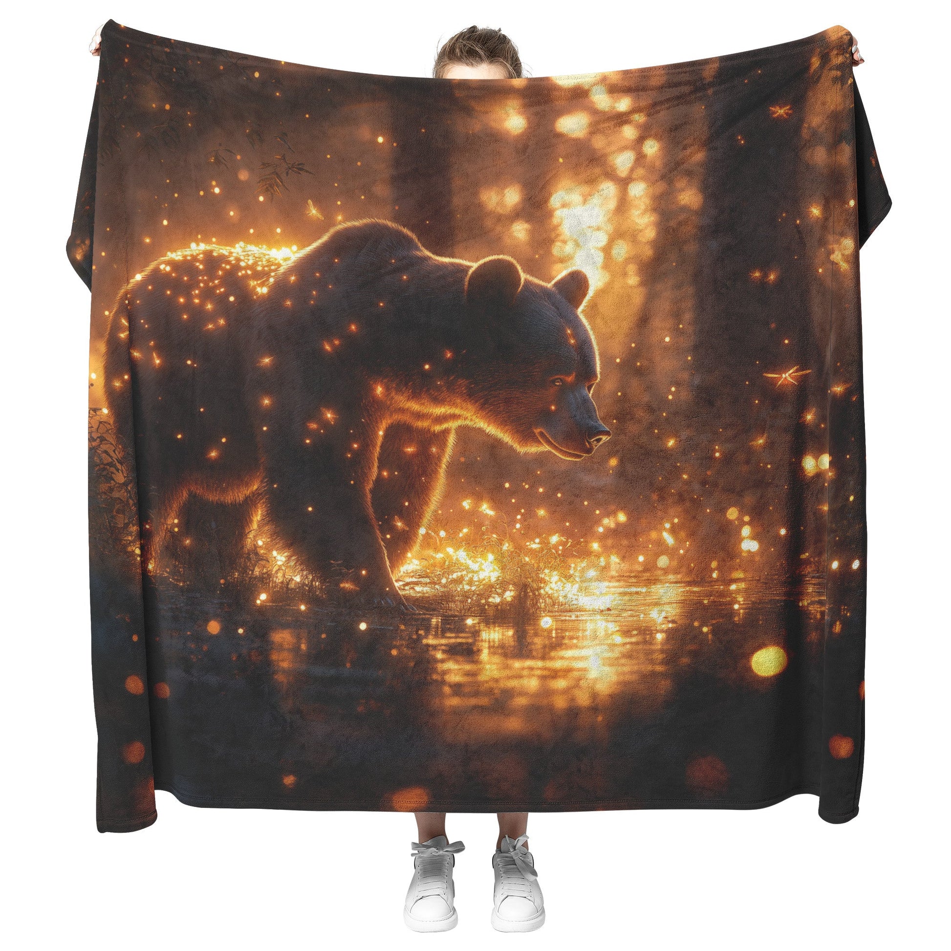 Black Bear in Glowing Bioluminescent Forest Twilight Shimmering Plants Fireflies Magical Fleece Sherpa Blanket - Awakening Righteousness