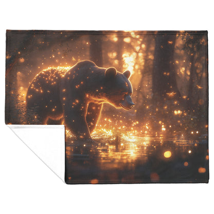 Black Bear in Glowing Bioluminescent Forest Twilight Shimmering Plants Fireflies Magical Fleece Sherpa Blanket - Awakening Righteousness