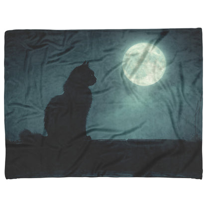 Black Cat Sitting Under Glowing Full Moon on Misty Rooftop Magical Night Atmosphere Fleece Sherpa Blanket - Awakening Righteousness
