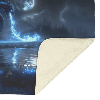 Black Dragon Breathing Blue Fire in a Glowing Bioluminescent Forest Under a Massive Full Moon Fleece Sherpa Blanket - Awakening Righteousness