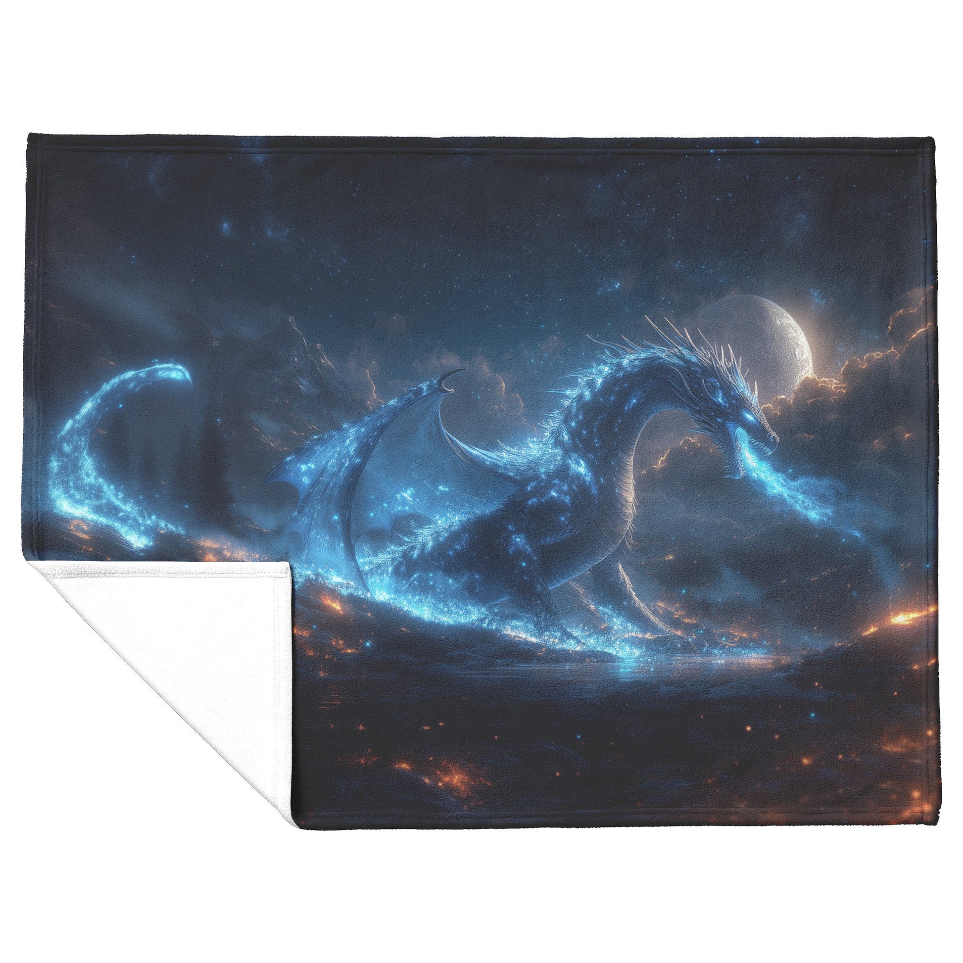 Black Dragon Breathing Blue Fire in Glowing Bioluminescent Forest Under Massive Full Moon Fleece Sherpa Blanket - Awakening Righteousness