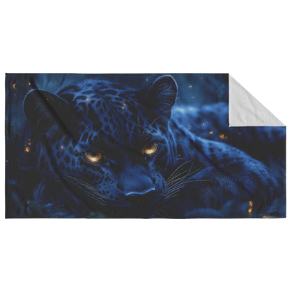 Black Leopard Beach Towel with Glowing Moonlight Magical Forest Silver Illuminated Sleek Fur Wildlife Design - Awakening Righteousness