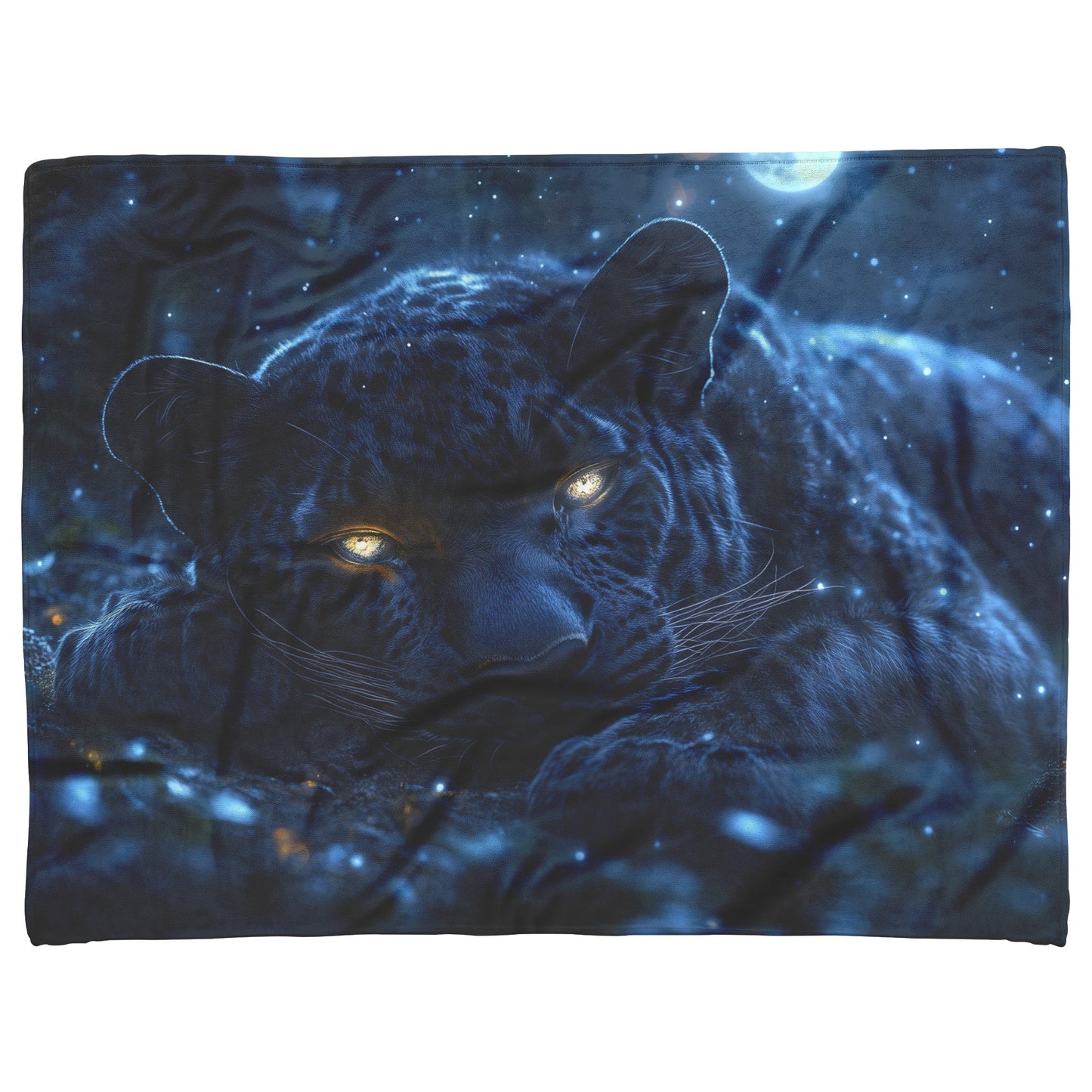 Black Leopard Resting Under Glowing Moonlight in Magical Forest with Silver Light Fleece Sherpa Blanket - Awakening Righteousness