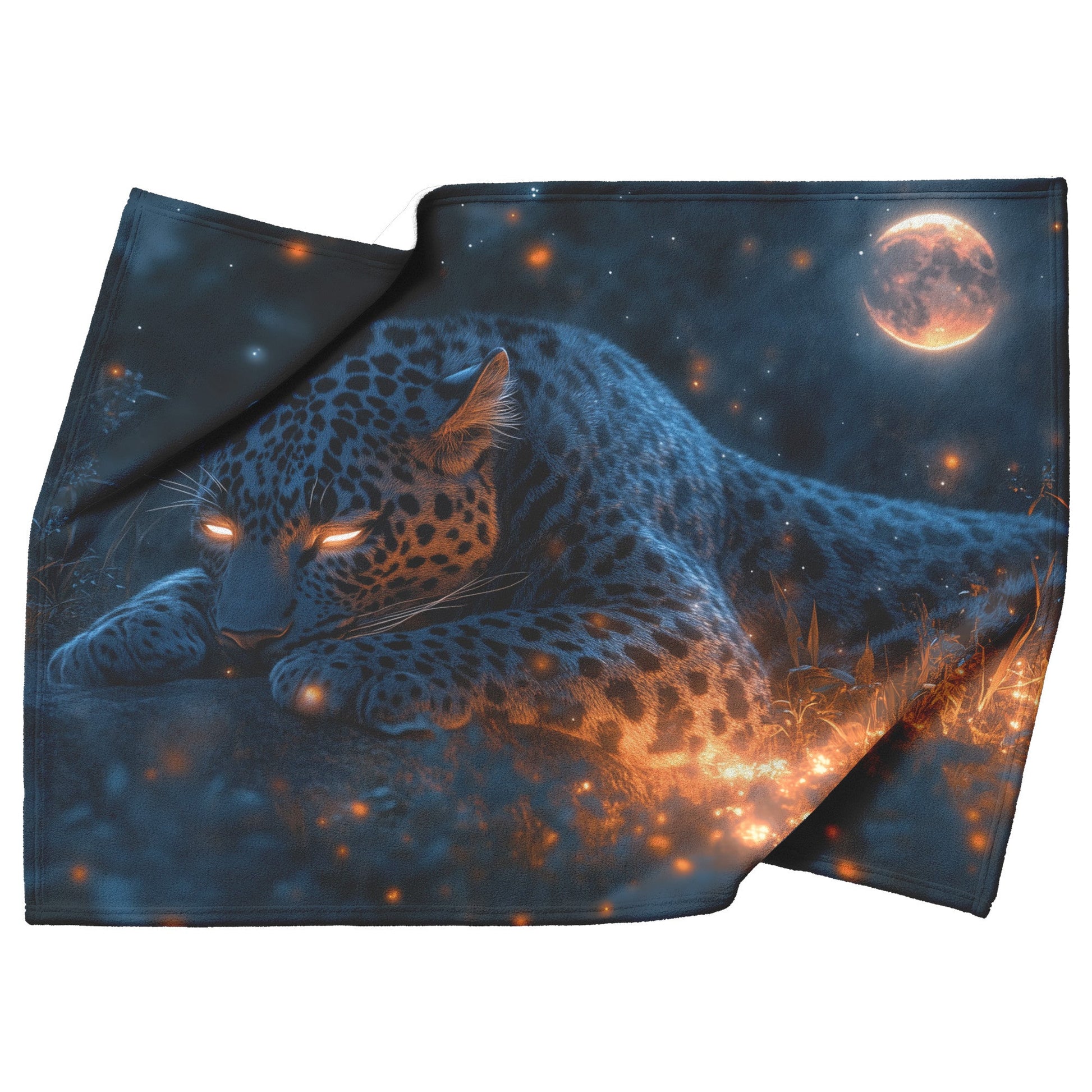 Black Leopard Resting Under Glowing Moonlight in Magical Forest with Silver Light Fleece Sherpa Blanket - Awakening Righteousness