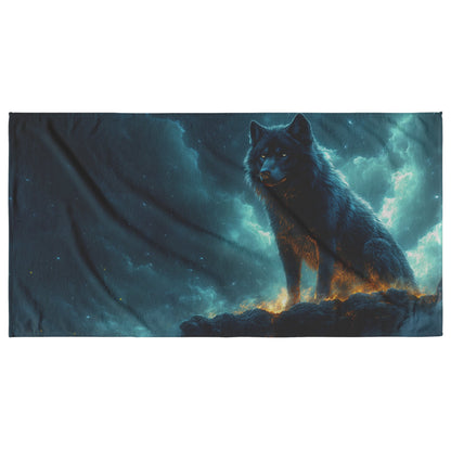 Black Wolf Standing on Glowing Rocky Ledge Under Stormy Twilight Sky Dramatic Lighting Wildlife Design Beach Towel - Awakening Righteousness