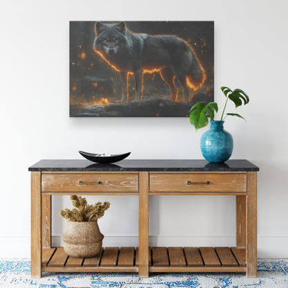 Black Wolf Standing Still on Glowing Rocky Ledge Under Stormy Twilight Sky Dramatic Lighting Canvas Wall Art - Awakening Righteousness