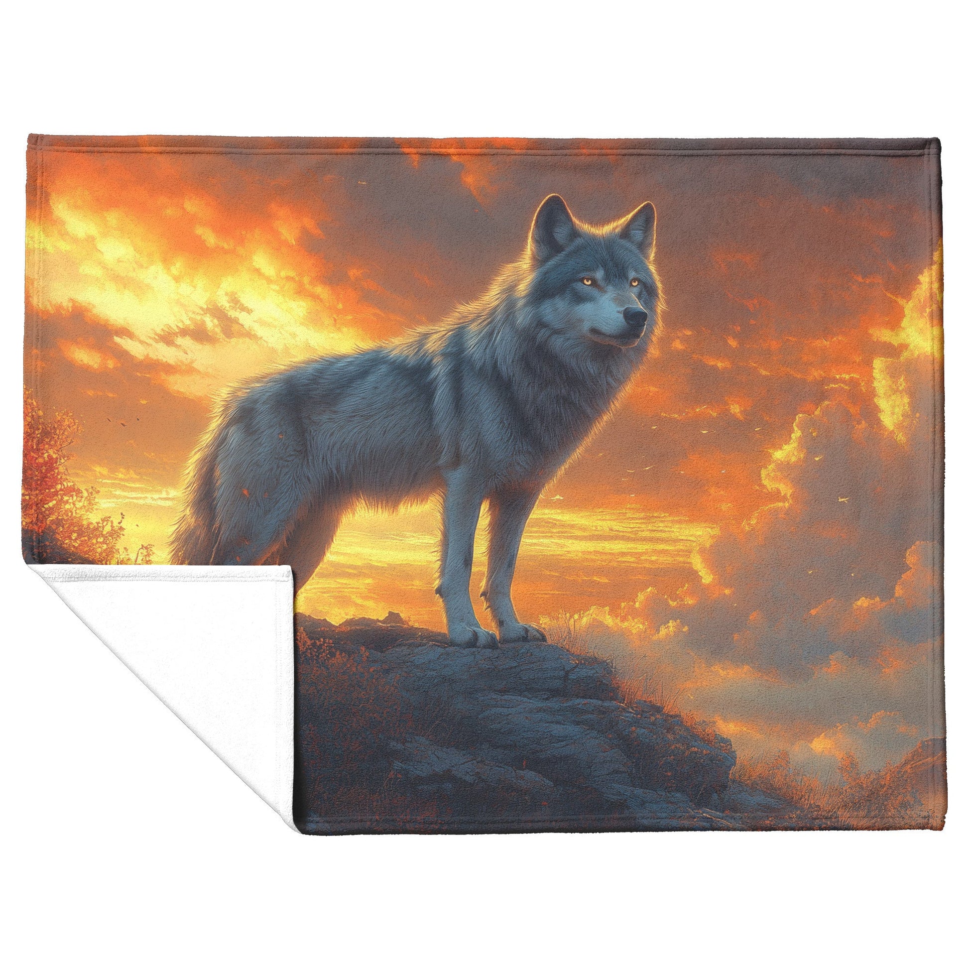 Black Wolf Standing Still on Glowing Rocky Ledge Under Stormy Twilight Sky Dramatic Lighting Cozy Sherpa Blanket - Awakening Righteousness