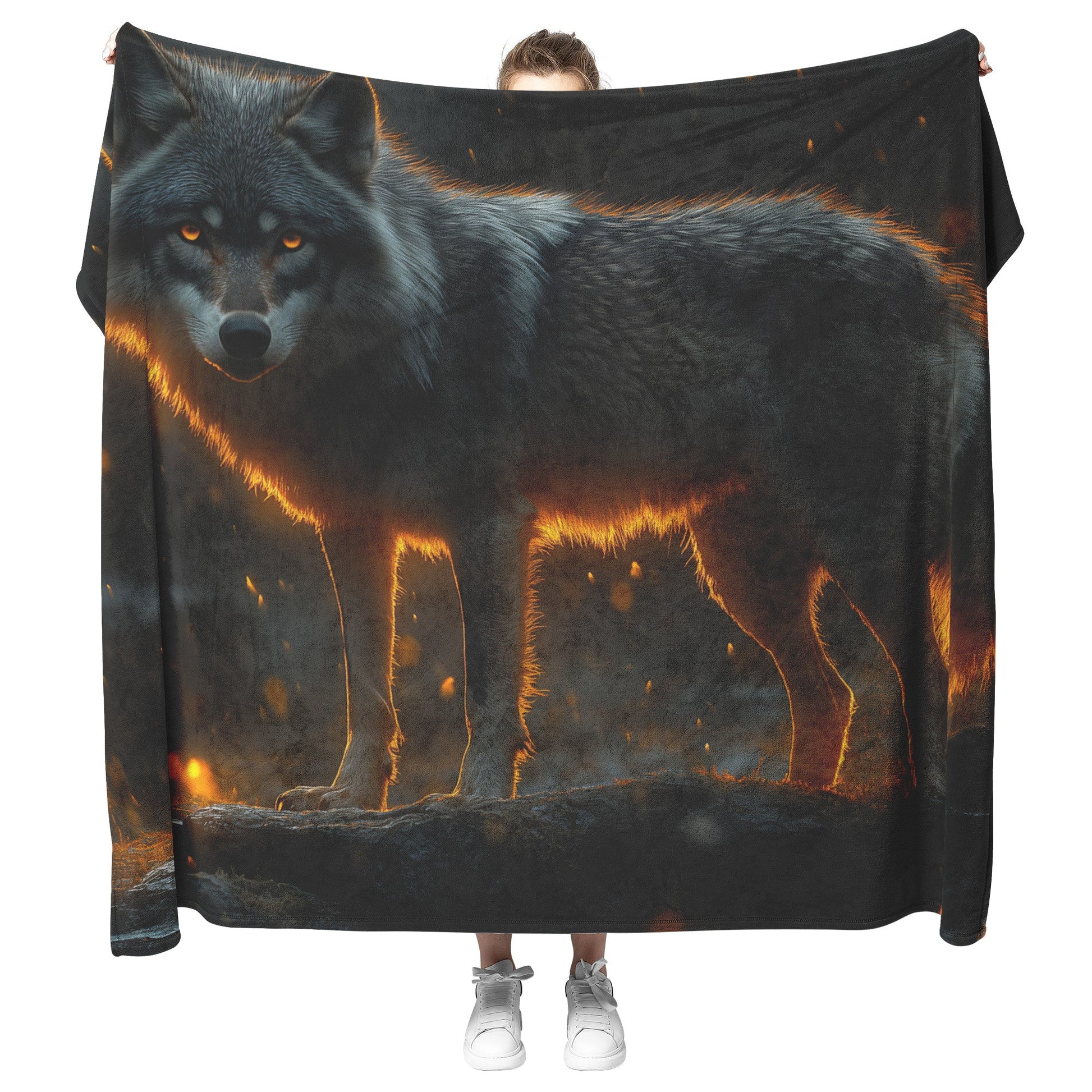 Black Wolf Standing Still on Glowing Rocky Ledge Under Stormy Twilight Sky Dramatic Lighting Cozy Sherpa Blanket - Awakening Righteousness