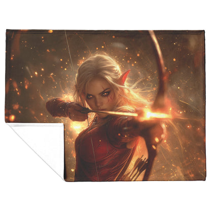 Blood Elf Hunter Fleece Sherpa Blanket Crimson Armor Glowing Bow Golden Textures Cosmic Highlights Bold Majestic Design - Awakening Righteousness