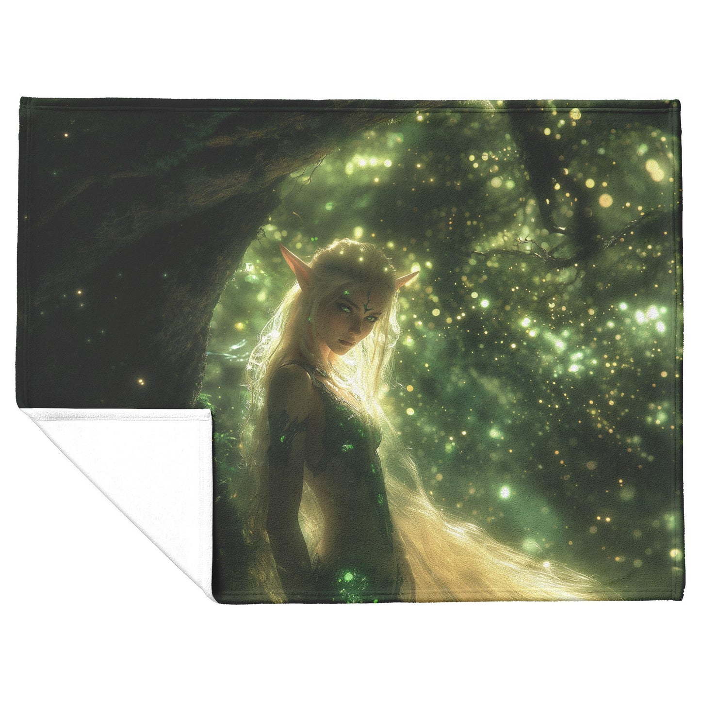 Blood Elf Hunter Fleece Sherpa Blanket Enchanted Forest Golden Mist Green Light Trails Elegant WoW Design - Awakening Righteousness